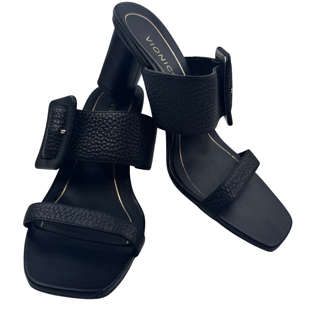 Vionic Brookell Black Leather Chic Round Heel Sandals Heels Women's Size 6.5